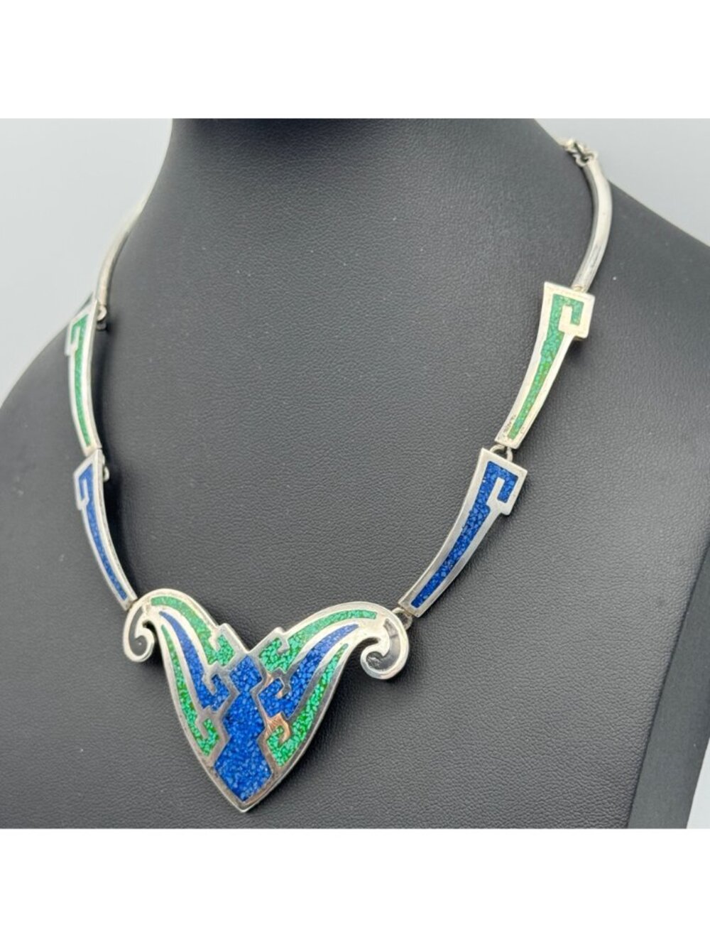 Vintage Taxco Butterfly Necklace Blue Green 925 Art Deco Statement 44g TC-112 - Picture 3 of 10